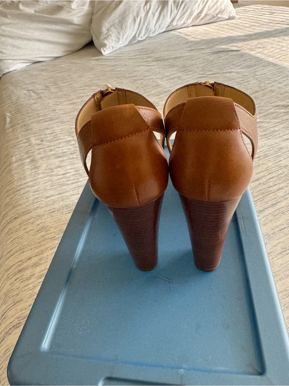 Michael Kors Brown Leather T-Strap Platform Heels with Gold Zipper